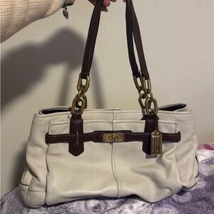 Elegant White and Brown Leather Handbag
